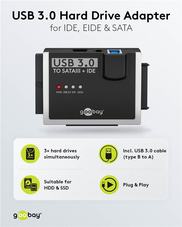 Goobay Adapteris 2.5/3.5″ HDD, SSD diskams USB 3.0 – SATA / IDE aprašymas - Prekės nuotrauka