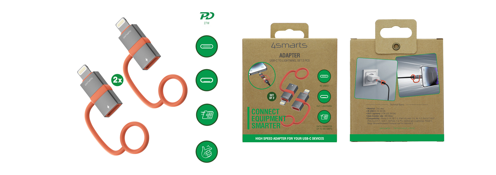 Adapteris 4smarts USB-C į Lightning PD 27W pilkas 2vnt aprašymas - Prekės nuotrauka