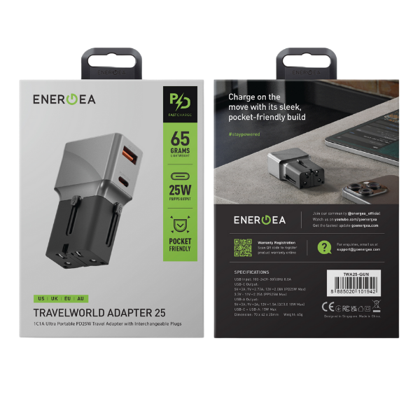 Adapteris Energea TravelWorld 1A1C 25W juodas/tamsiai pilkas aprašymas - Prekės nuotrauka