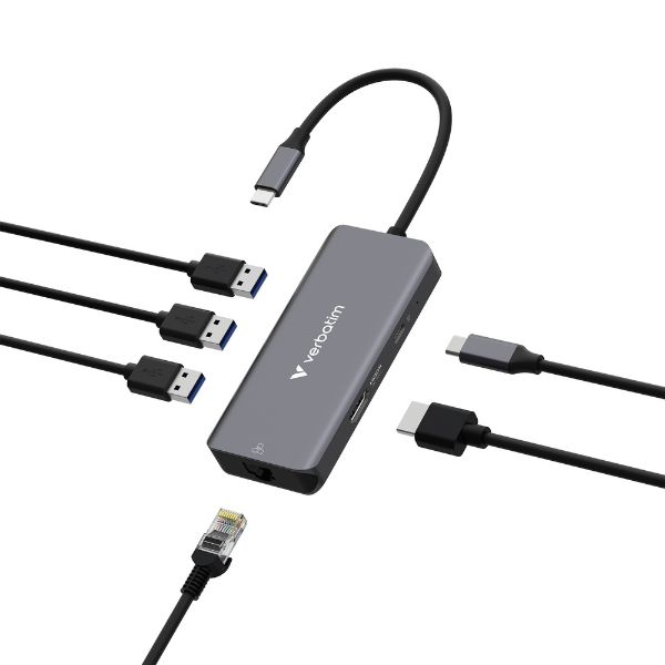 Adapteris šakotuvas Verbatim USB-C/HDMI/3xUSB-A 3.2/RJ45 aliuminis 32157 aprašymas - Prekės nuotrauka