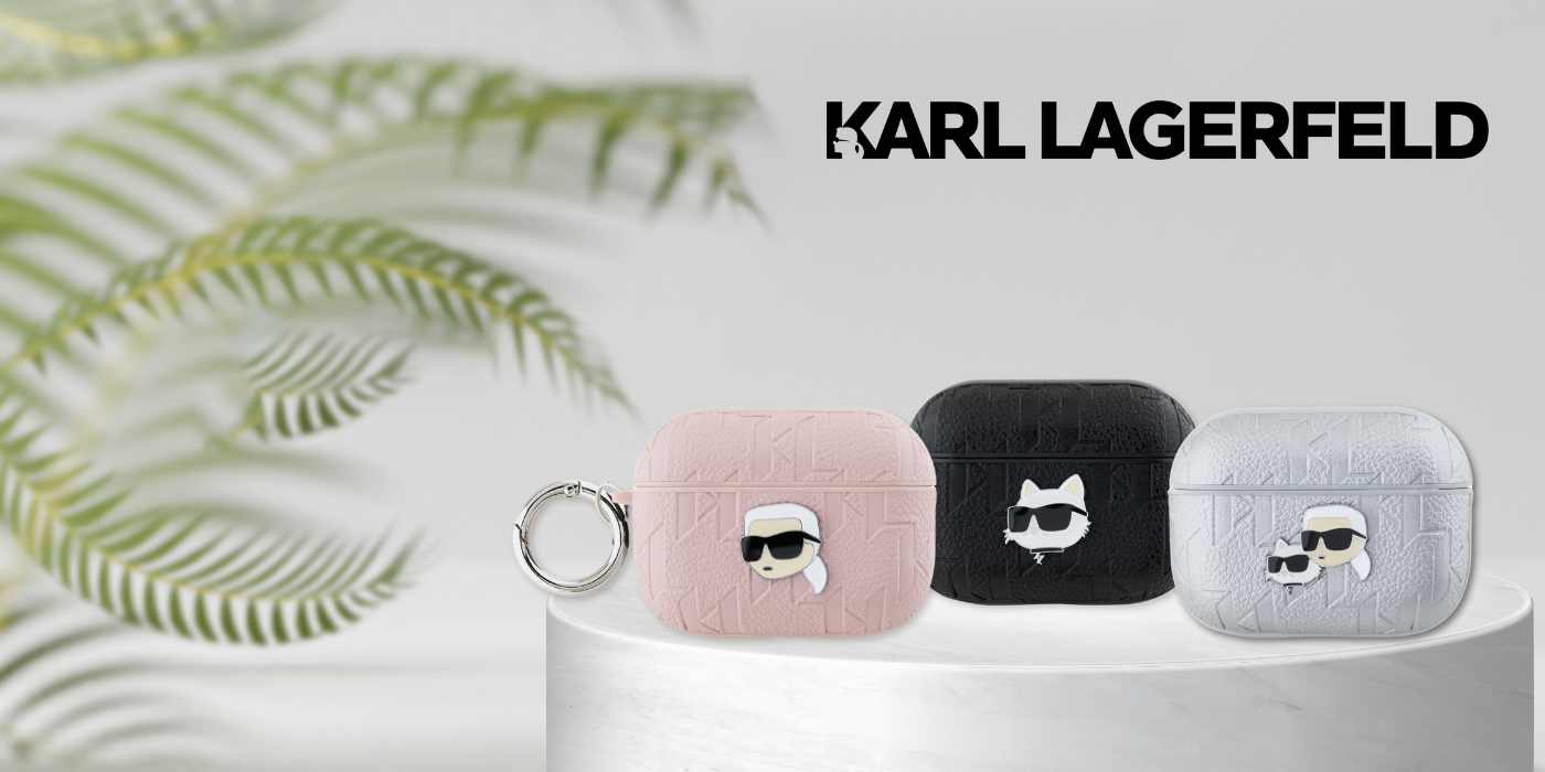 AirPods Karl Lagerfeld Cover Monogram Karl Head ausinių dėklas juodos spalvos aprašymas - Prekės nuotrauka