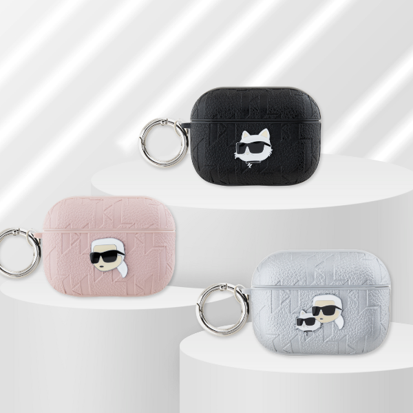 AirPods Karl Lagerfeld Cover Monogram Karl Head ausinių dėklas juodos spalvos aprašymas - Prekės nuotrauka