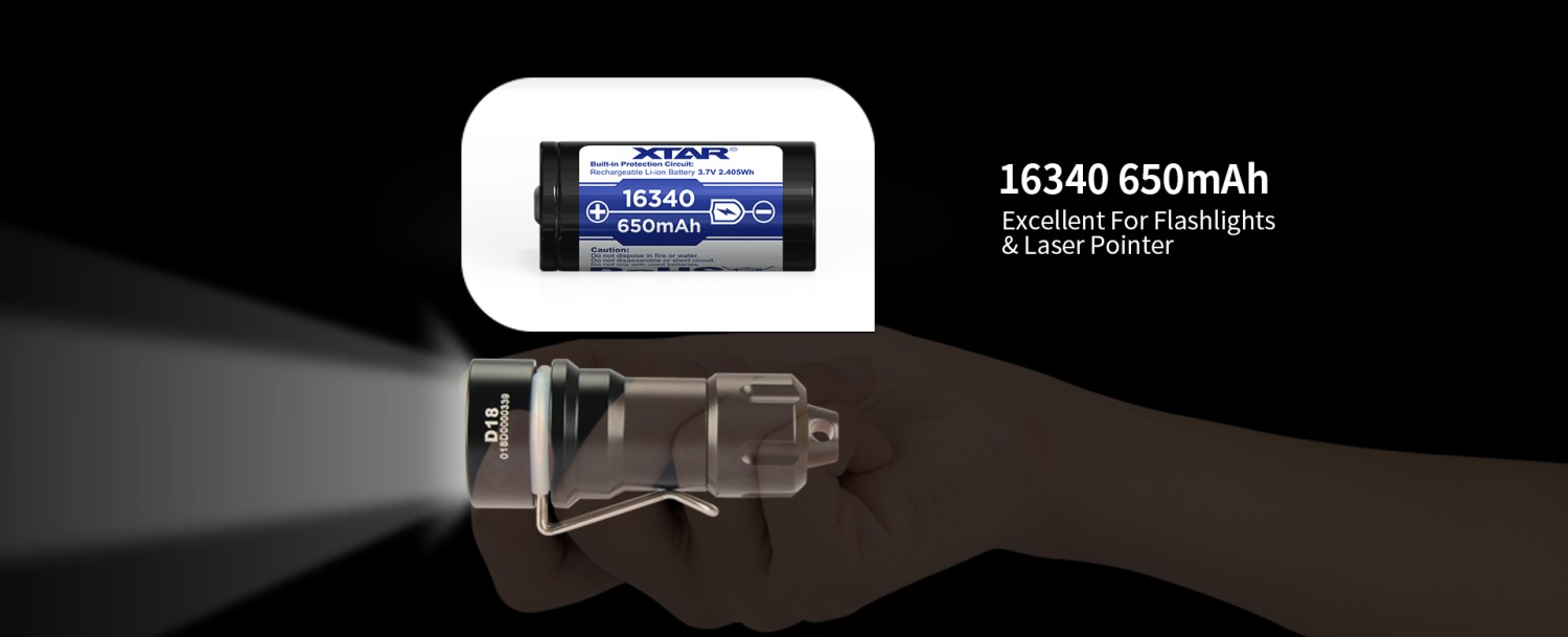 Xtar Akumuliatorius 16340 3.7V 650mAh Li-Ion su integruotu krovimo valdikliu PCM aprašymas - Prekės nuotrauka