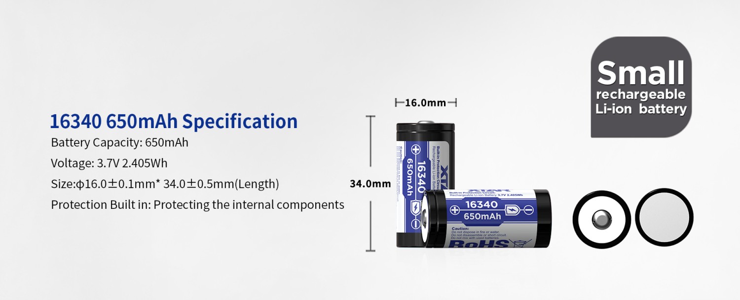 Xtar Akumuliatorius 16340 3.7V 650mAh Li-Ion su integruotu krovimo valdikliu PCM aprašymas - Prekės nuotrauka