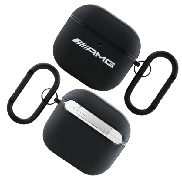 Mercedes AMG AMA4SLWK AirPods 4 ausinių dėklas juodos spalvos Leather Baltas Logo aprašymas - Prekės nuotrauka