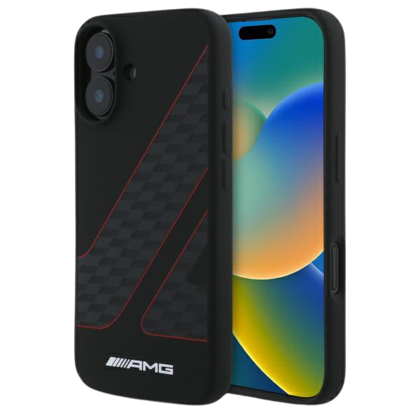 Mercedes AMG AMHMP16S2SCFR iPhone 16 6,1″ juodos spalvos kietas dėklas Checkered Flag Pattern MagSafe aprašymas - Prekės nuotrauka