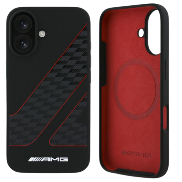 Mercedes AMG AMHMP16S2SCFR iPhone 16 6,1″ juodos spalvos kietas dėklas Checkered Flag Pattern MagSafe aprašymas - Prekės nuotrauka