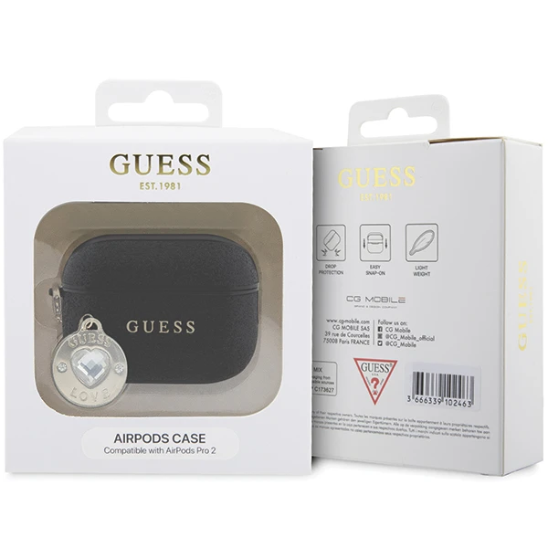 Apple AirPods Pro ausinių dėklas 2 Guess Fixed Glitter Heart Diamond Charm (GUAP2PGEHCDK) juodos spalvos aprašymas - Prekės nuotrauka Apple AirPods Pro ausinių dėklas 2 Guess Fixed Glitter Heart Diamond Charm (GUAP2PGEHCDK) juodos spalvos aprašymas - Prekės nuotrauka