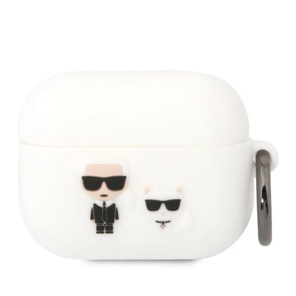 Apple AirPods Pro Karl Lagerfeld silikoninis Karl & Choupette (KLACAPSILKCW) ausinių dėklas baltos spalvos aprašymas - Prekės nuotrauka