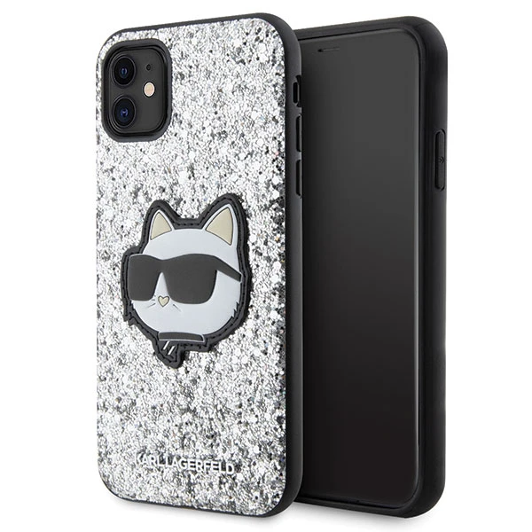 Apple iPhone 11 Karl Lagerfeld dėklas Glitter Choupette Patch (KLHCN61G2CPS) sidabrinės spalvos aprašymas - Prekės nuotrauka