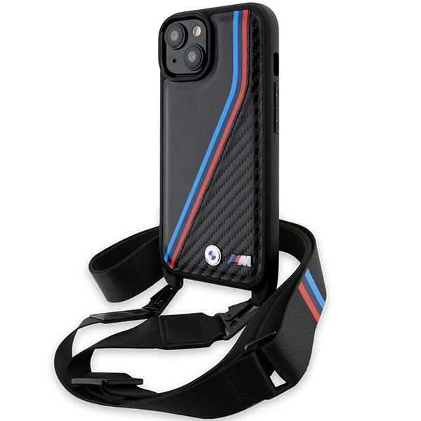 Apple iPhone 13 / 14 / 15 BMW dėklas M Edition Carbon Tricolor Lines & Strap (BMHCP15S23PSVTK) juodos spalvos aprašymas - Prekės nuotrauka