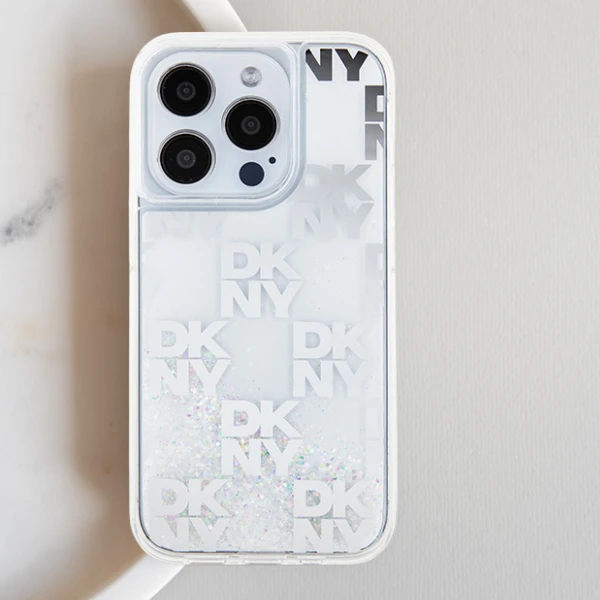 Apple iPhone 13 / 14 / 15 DKNY dėklas Liquid Glitter Multilogo (DKHCP15SLCPEPP) rožinės spalvos aprašymas - Prekės nuotrauka