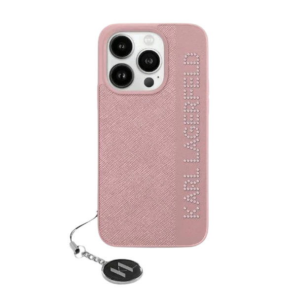 Apple iPhone 13 / 14 / 15 Karl Lagerfeld dėklas Saffiano Rhinestones & Charm (KLHCP15SPSAKDGCP) rožinės spalvos aprašymas - Prekės nuotrauka
