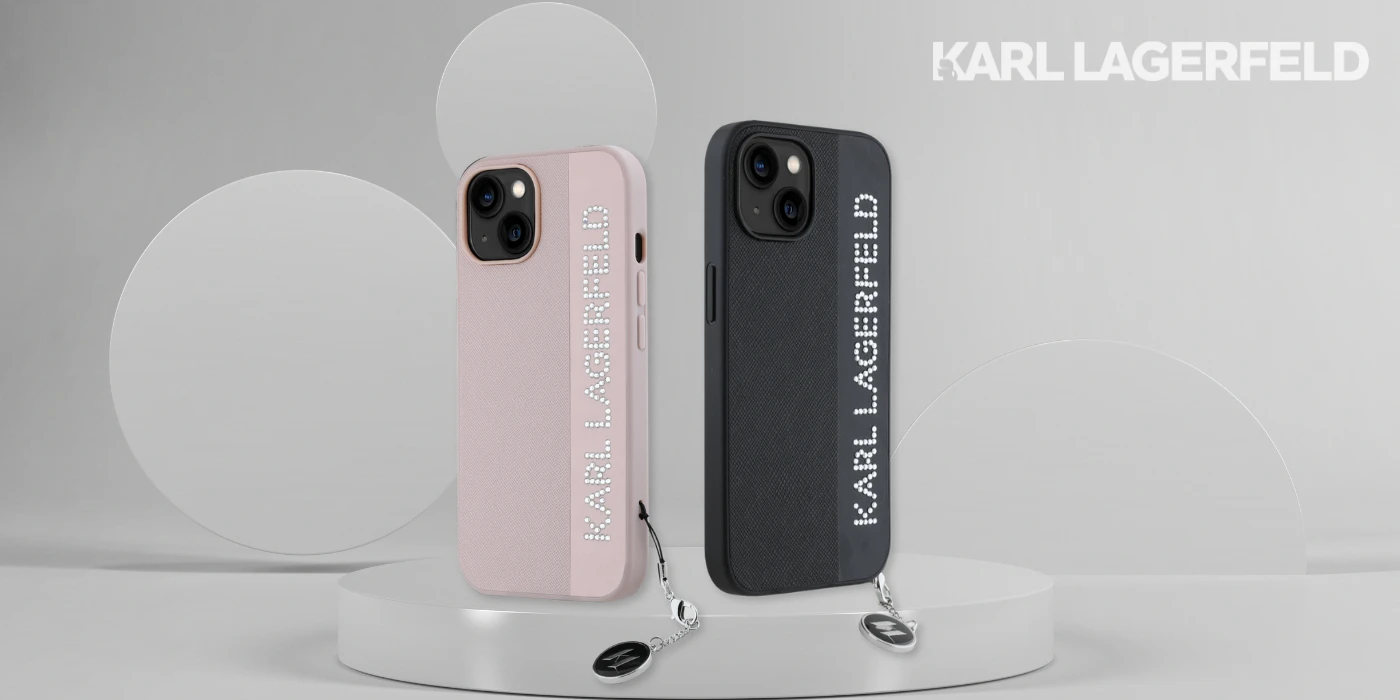 Apple iPhone 13 / 14 / 15 Karl Lagerfeld dėklas Saffiano Rhinestones & Charm (KLHCP15SPSAKDGCP) rožinės spalvos aprašymas - Prekės nuotrauka