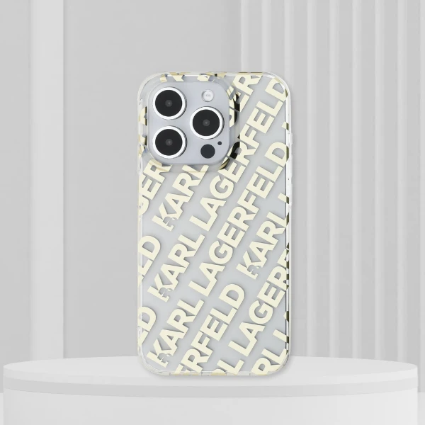Apple iPhone 13 / 14 / 15 Karl Lagerfeld dėklas IML Fullover Logo (KLHCP15SHKFOEMD) aukso spalvos aprašymas - Prekės nuotrauka