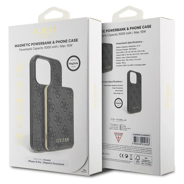 Apple iPhone 13 PRO Guess dėklas + Powerbank MagSafe 4G Metal Logo 5000mAh (GUBPM5P13L4GEMGK) juodos spalvos aprašymas - Prekės nuotrauka