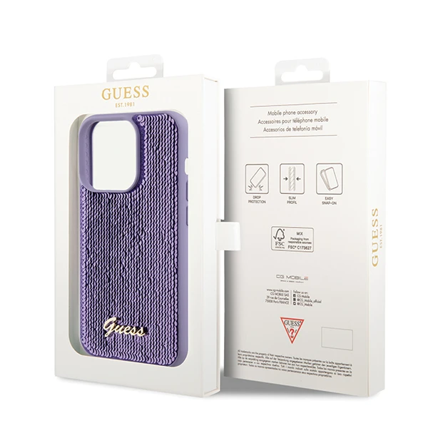 Apple iPhone 13 Pro Max Guess dėklas Sequin Script Metal (GUHCP13XPSFDGSU) violetinės spalvos aprašymas - Prekės nuotrauka Apple iPhone 13 Pro Max Guess dėklas Sequin Script Metal (GUHCP13XPSFDGSU) violetinės spalvos aprašymas - Prekės nuotrauka