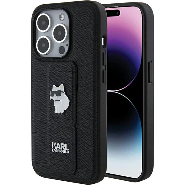 Apple iPhone 13 Pro Max Karl Lagerfeld dėklas Gripstand Saffiano Karl&Choupette Pins (KLHCP13XGSACHPK) juodos spalvos aprašymas - Prekės nuotrauka
