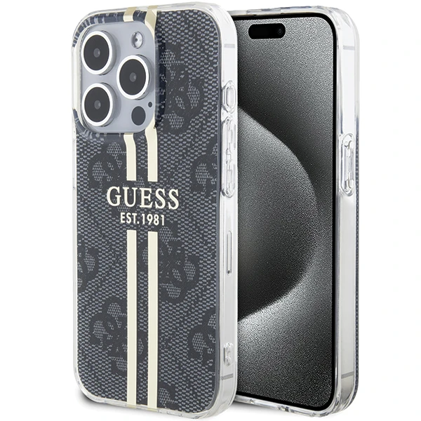 Apple iPhone 14 plus / 15 plus Guess dėklas IML 4G Gold Stripe (GUHCP15MH4PSEGK) juodos spalvos aprašymas - Prekės nuotrauka Apple iPhone 14 plus / 15 plus Guess dėklas IML 4G Gold Stripe (GUHCP15MH4PSEGK) juodos spalvos aprašymas - Prekės nuotrauka