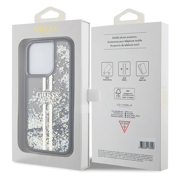 Apple iPhone 14 plus / 15 plus Guess dėklas Liquid Glitter Gold Stripes (GUHCP15MLFCSEGK) juodos spalvos aprašymas - Prekės nuotrauka