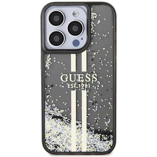 Apple iPhone 14 plus / 15 plus Guess dėklas Liquid Glitter Gold Stripes (GUHCP15MLFCSEGK) juodos spalvos aprašymas - Prekės nuotrauka