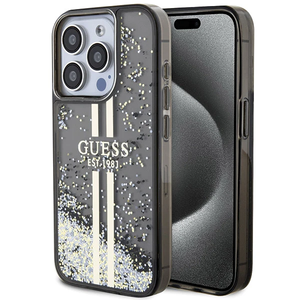 Apple iPhone 14 plus / 15 plus Guess dėklas Liquid Glitter Gold Stripes (GUHCP15MLFCSEGK) juodos spalvos aprašymas - Prekės nuotrauka