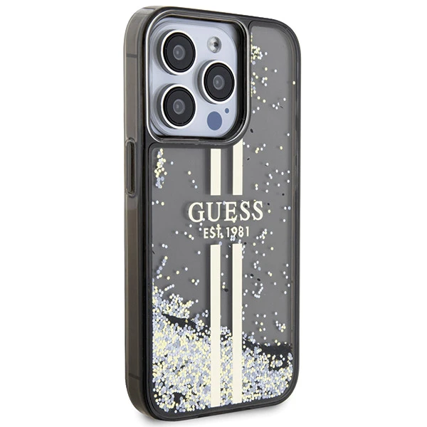 Apple iPhone 14 plus / 15 plus Guess dėklas Liquid Glitter Gold Stripes (GUHCP15MLFCSEGK) juodos spalvos aprašymas - Prekės nuotrauka