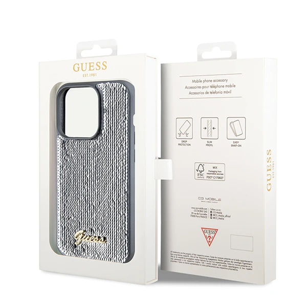 Apple iPhone 14 Pro Guess dėklas Sequin Script Metal (GUHCP14LPSFDGSS) sidabrinės spalvos aprašymas - Prekės nuotrauka Apple iPhone 14 Pro Guess dėklas Sequin Script Metal (GUHCP14LPSFDGSS) sidabrinės spalvos aprašymas - Prekės nuotrauka