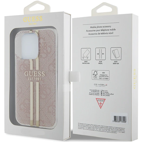 Apple iPhone 14 Pro Max Guess dėklas IML 4G Gold Stripe (GUHCP14XH4PSEGP) rožinės spalvos aprašymas - Prekės nuotrauka