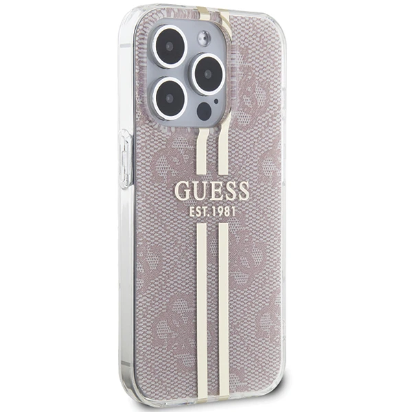 Apple iPhone 14 Pro Max Guess dėklas IML 4G Gold Stripe (GUHCP14XH4PSEGP) rožinės spalvos aprašymas - Prekės nuotrauka