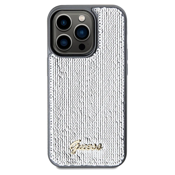 Apple iPhone 14 Pro Max Guess dėklas Sequin Script Metal (GUHCP14XPSFDGSS) sidabrinės spalvos aprašymas - Prekės nuotrauka