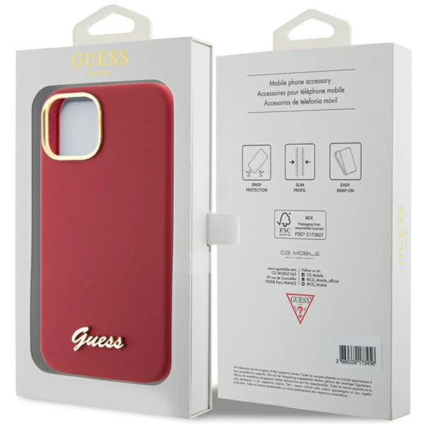 Apple iPhone 15 Guess dėklas Silicone Script Metal Logo & Frame (GUHCP15SSMBSLM) raudonos spalvos aprašymas - Prekės nuotrauka
