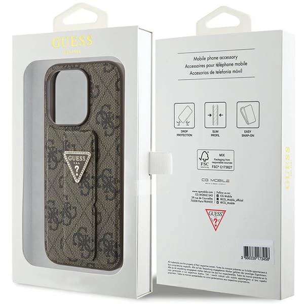 Apple iPhone 15 Guess Hardcase Grip Stand 4G Triangle Strass (GUHCP15SPGS4TDW) telefono dėklas rudos spalvos aprašymas - Prekės nuotrauka