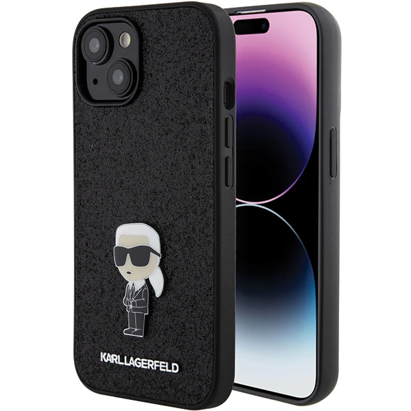 Apple iPhone 15 Karl Lagerfeld dėklas Fixed Glitter Ikonik Logo Metal Pin (KLHCP15SGKNPSK) juodos spalvos aprašymas - Prekės nuotrauka