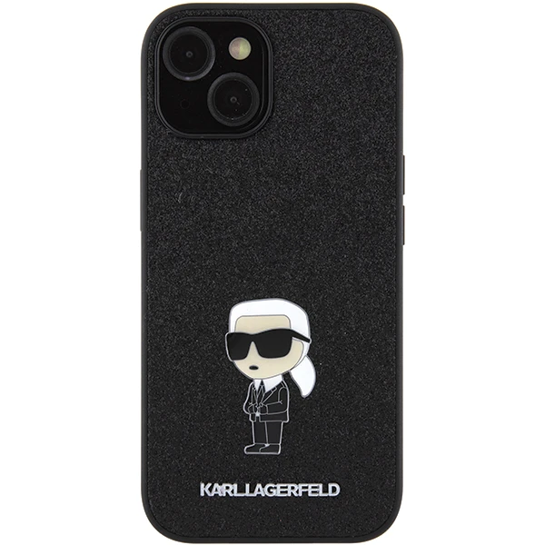 Apple iPhone 15 Karl Lagerfeld dėklas Fixed Glitter Ikonik Logo Metal Pin (KLHCP15SGKNPSK) juodos spalvos aprašymas - Prekės nuotrauka