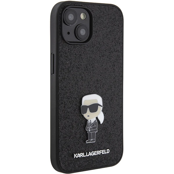 Apple iPhone 15 Karl Lagerfeld dėklas Fixed Glitter Ikonik Logo Metal Pin (KLHCP15SGKNPSK) juodos spalvos aprašymas - Prekės nuotrauka