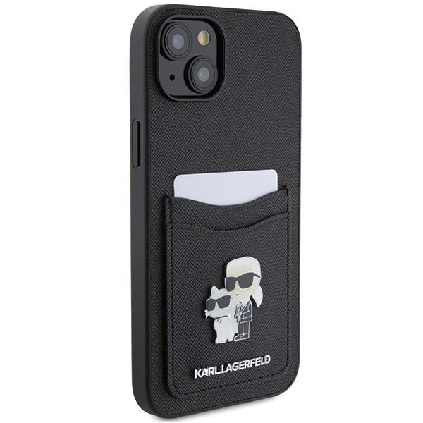 Apple iPhone 15 Karl Lagerfeld dėklas Saffiano Cardslot Karl&Choupette Metal Pin (KLHCP15SSAPKCNPK) juodos spalvos aprašymas - Prekės nuotrauka