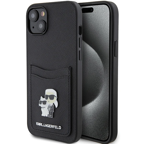 Apple iPhone 15 Karl Lagerfeld dėklas Saffiano Cardslot Karl&Choupette Metal Pin (KLHCP15SSAPKCNPK) juodos spalvos aprašymas - Prekės nuotrauka