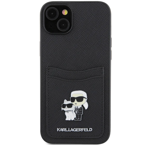 Apple iPhone 15 Karl Lagerfeld dėklas Saffiano Cardslot Karl&Choupette Metal Pin (KLHCP15SSAPKCNPK) juodos spalvos aprašymas - Prekės nuotrauka