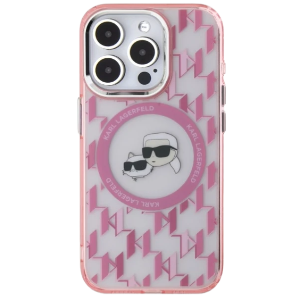 Apple iPhone 15 Karl Lagerfeld IML Monogram Karl&Choupette Head MagSafe (KLHMP15SHMCKMHP) dėklas telefonui rožinės spalvos aprašymas - Prekės nuotrauka