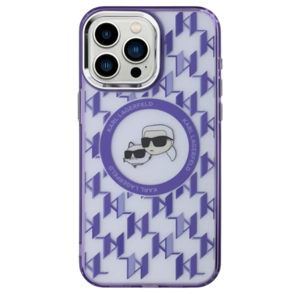 Apple iPhone 15 Karl Lagerfeld IML Monogram Karl&Choupette Head MagSafe (KLHMP15SHMCKMHU) dėklas telefonui violetinės spalvos aprašymas - Prekės nuotrauka