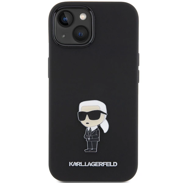 Apple iPhone 15 Karl Lagerfeld silikoninis dėklas Ikonik Metal Pin (KLHCP15SSMHKNPK) juodos spalvos aprašymas - Prekės nuotrauka