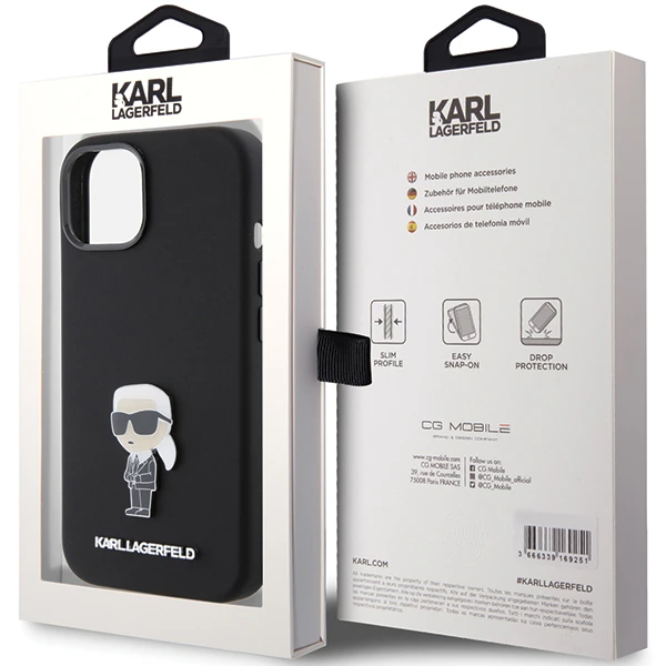 Apple iPhone 15 Karl Lagerfeld silikoninis dėklas Ikonik Metal Pin (KLHCP15SSMHKNPK) juodos spalvos aprašymas - Prekės nuotrauka