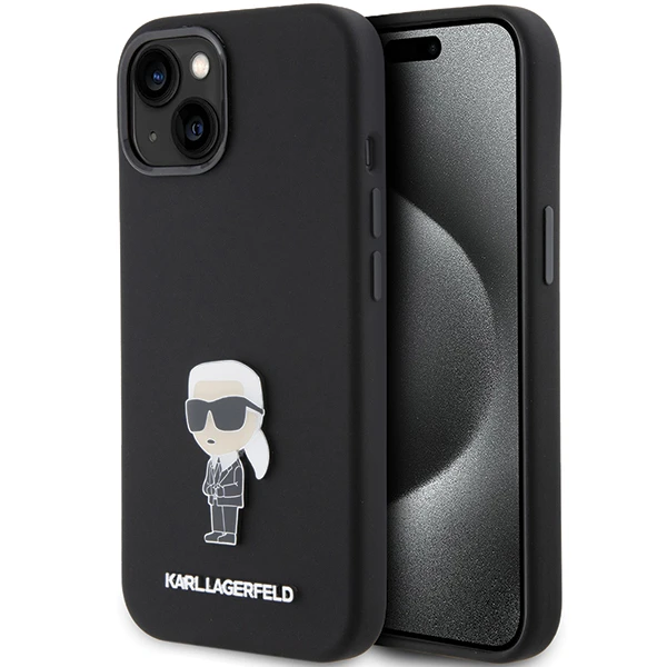 Apple iPhone 15 Karl Lagerfeld silikoninis dėklas Ikonik Metal Pin (KLHCP15SSMHKNPK) juodos spalvos aprašymas - Prekės nuotrauka