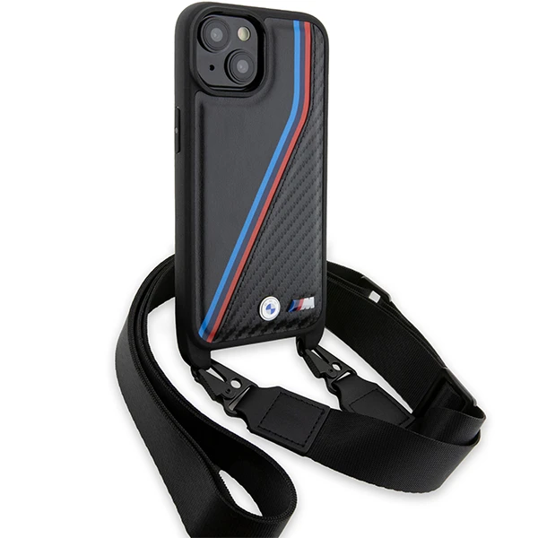 Apple iPhone 15 Plus / 14 Plus BMW dėklas M Edition Carbon Tricolor Lines & Strap (BMHCP15M23PSVTK) juodos spalvos aprašymas - Prekės nuotrauka Apple iPhone 15 Plus / 14 Plus BMW dėklas M Edition Carbon Tricolor Lines & Strap (BMHCP15M23PSVTK) juodos spalvos aprašymas - Prekės nuotrauka