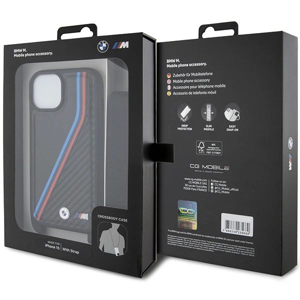 Apple iPhone 15 Plus / 14 Plus BMW dėklas M Edition Carbon Tricolor Lines & Strap (BMHCP15M23PSVTK) juodos spalvos aprašymas - Prekės nuotrauka Apple iPhone 15 Plus / 14 Plus BMW dėklas M Edition Carbon Tricolor Lines & Strap (BMHCP15M23PSVTK) juodos spalvos aprašymas - Prekės nuotrauka