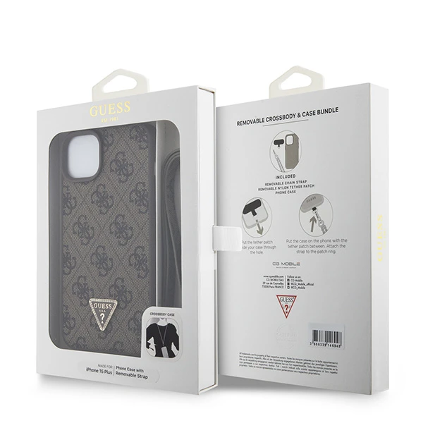 Apple iPhone 15 Plus Guess dėklas Crossbody 4G Metal Logo (GUHCP15MP4TDSCPW) rudos spalvos aprašymas - Prekės nuotrauka