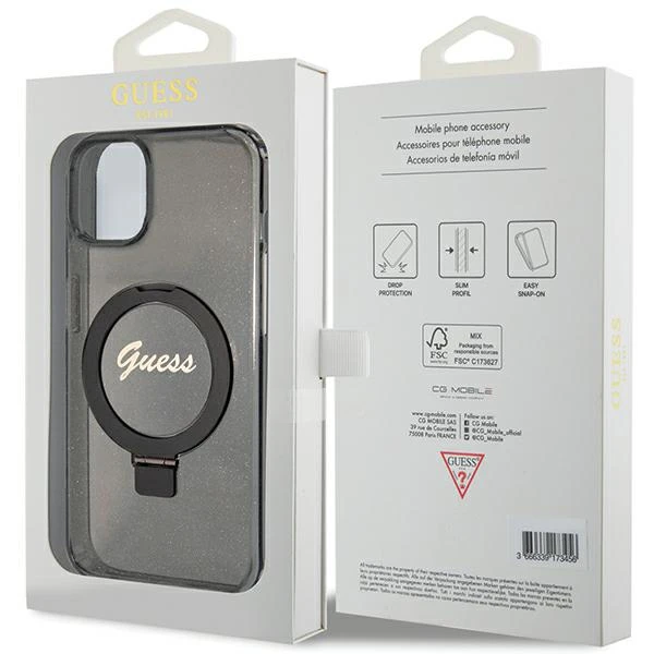 Apple iPhone 15 Plus Guess dėklas Ring Stand Script Glitter MagSafe (GUHMP15MHRSGSK) juodos spalvos aprašymas - Prekės nuotrauka Apple iPhone 15 Plus Guess dėklas Ring Stand Script Glitter MagSafe (GUHMP15MHRSGSK) juodos spalvos aprašymas - Prekės nuotrauka