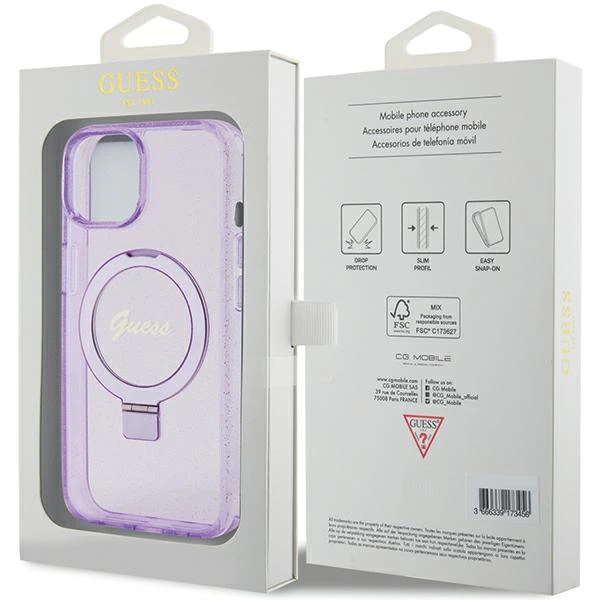 Apple iPhone 15 Plus Guess dėklas Ring Stand Script Glitter MagSafe (GUHMP15MHRSGSU) violetinės spalvos aprašymas - Prekės nuotrauka