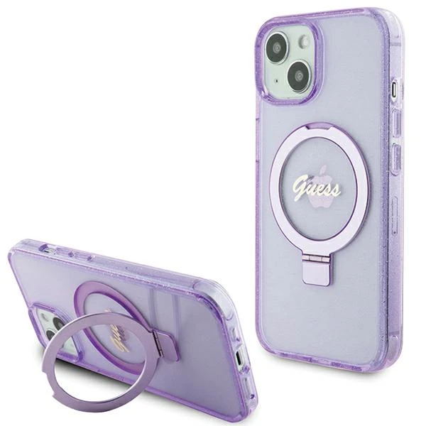 Apple iPhone 15 Plus Guess dėklas Ring Stand Script Glitter MagSafe (GUHMP15MHRSGSU) violetinės spalvos aprašymas - Prekės nuotrauka